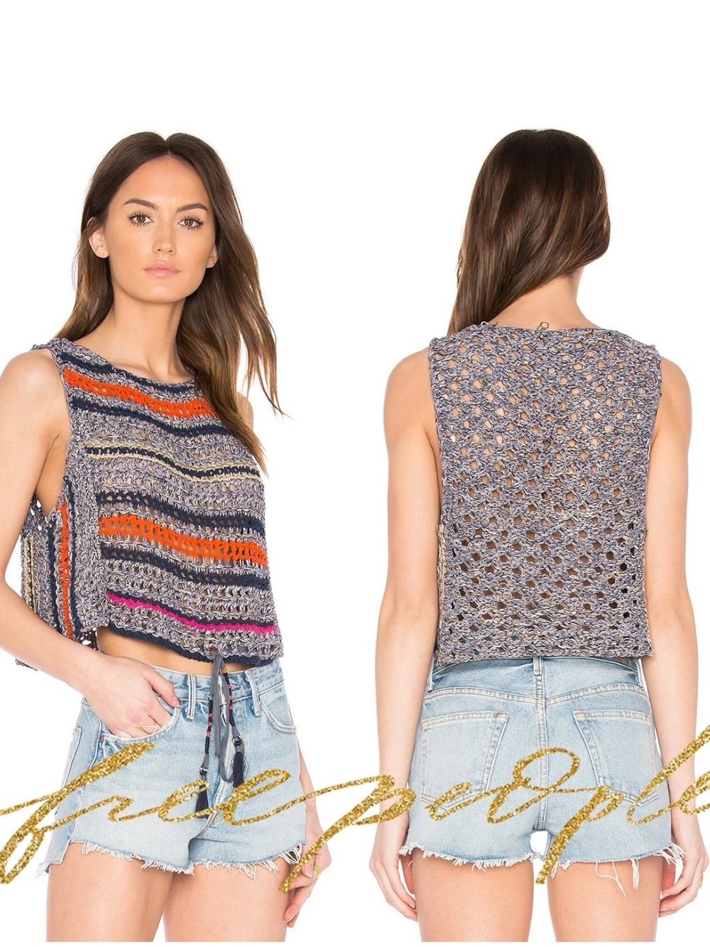 Free People Step Outside Open Knit Crocheted Cropped Tank Small Tassel-Tipped